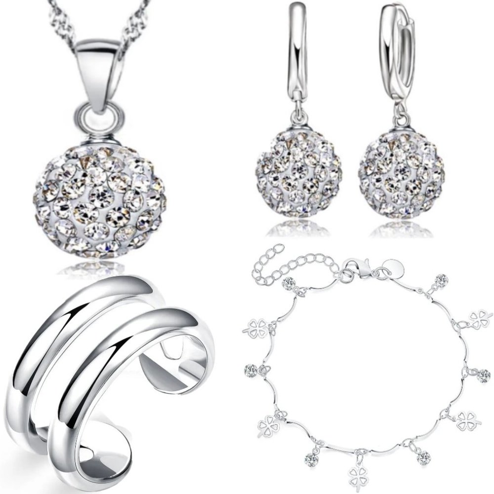🌟 925 Sterling Silver Earrings Necklace Bracelet Ring Adjustable Set Gift - Picture 1 of 10